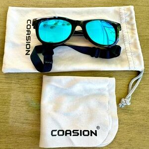Coasion Blue Reflective Baby Wayfarer Sunglasses with Strap